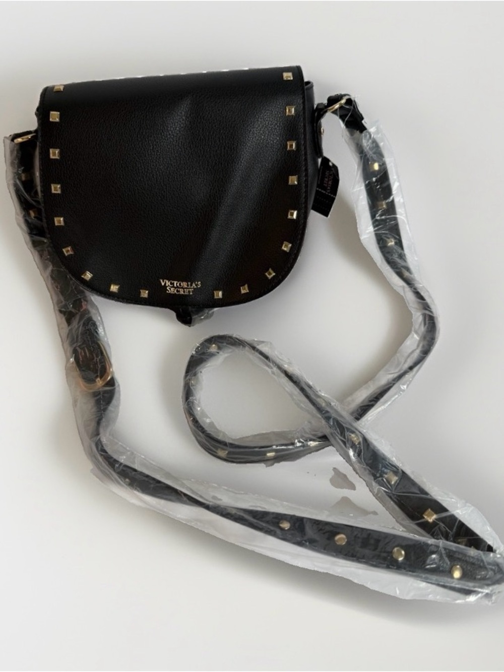 Victoria's Secret NWT Black Studded Saddle Crossbody Bag Gold Hardware Tassels